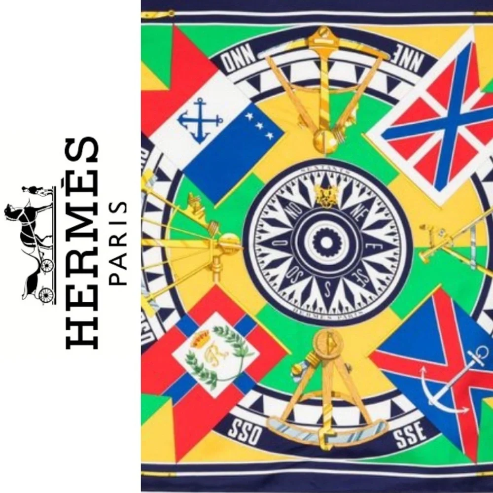 Hermès “Sextants” by Loïc Dubigeon 100% Silk Scarf Vintage 1981 Multicolor + Box